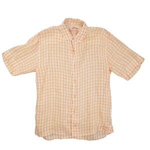 Tommy Bahama Relax Button Up Shirt Men's Large Orange Gingham Linen Short Sleeve